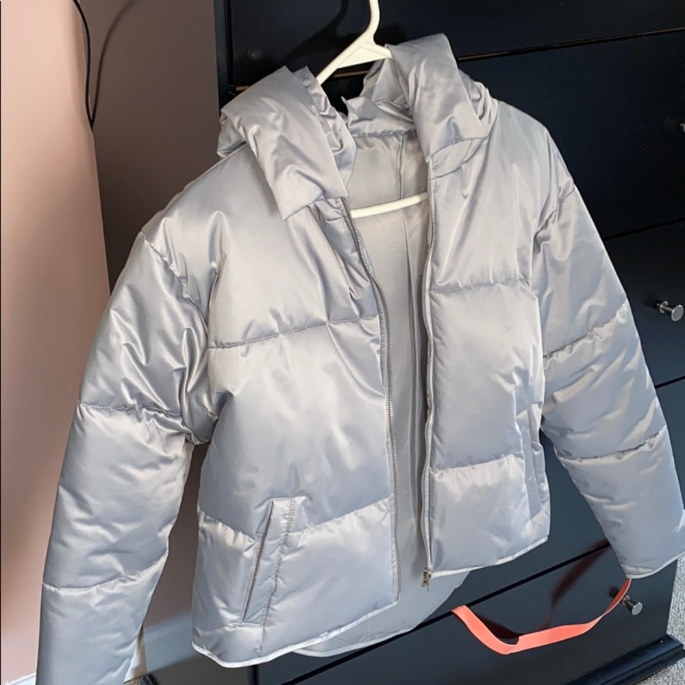silver reflective puff coat NEVER WORN